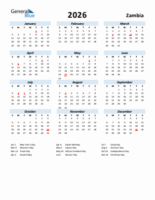 Zambia current year calendar 2026 with holidays