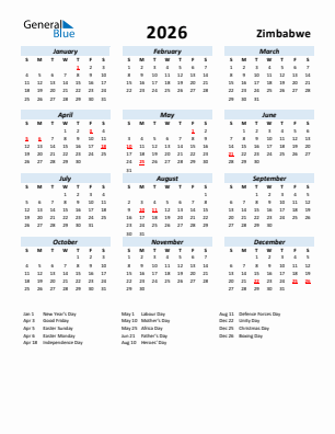 Zimbabwe current year calendar 2026 with holidays