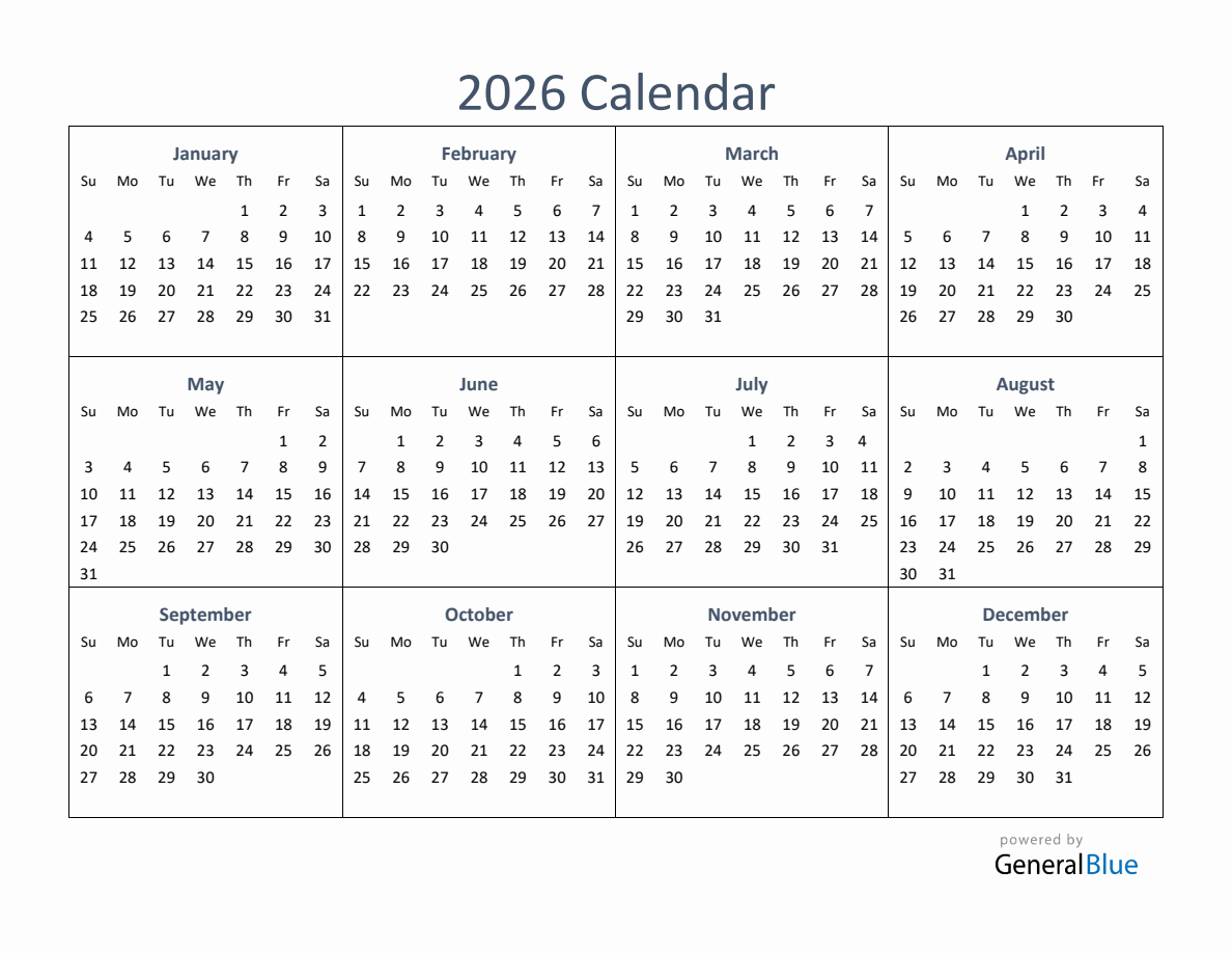 One Page Yearly Calendar 2026 (PDF Excel Word)