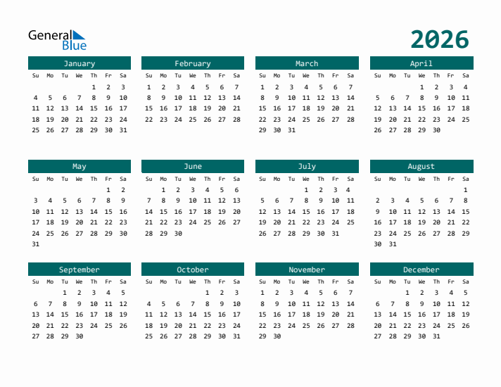 2026 Yearly Calendar 2026 Yearly Calendar