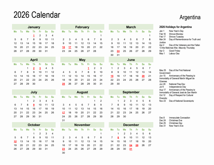 Holiday Calendar 2026 for Argentina (Monday Start)