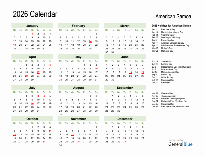 Holiday Calendar 2026 for American Samoa (Monday Start)