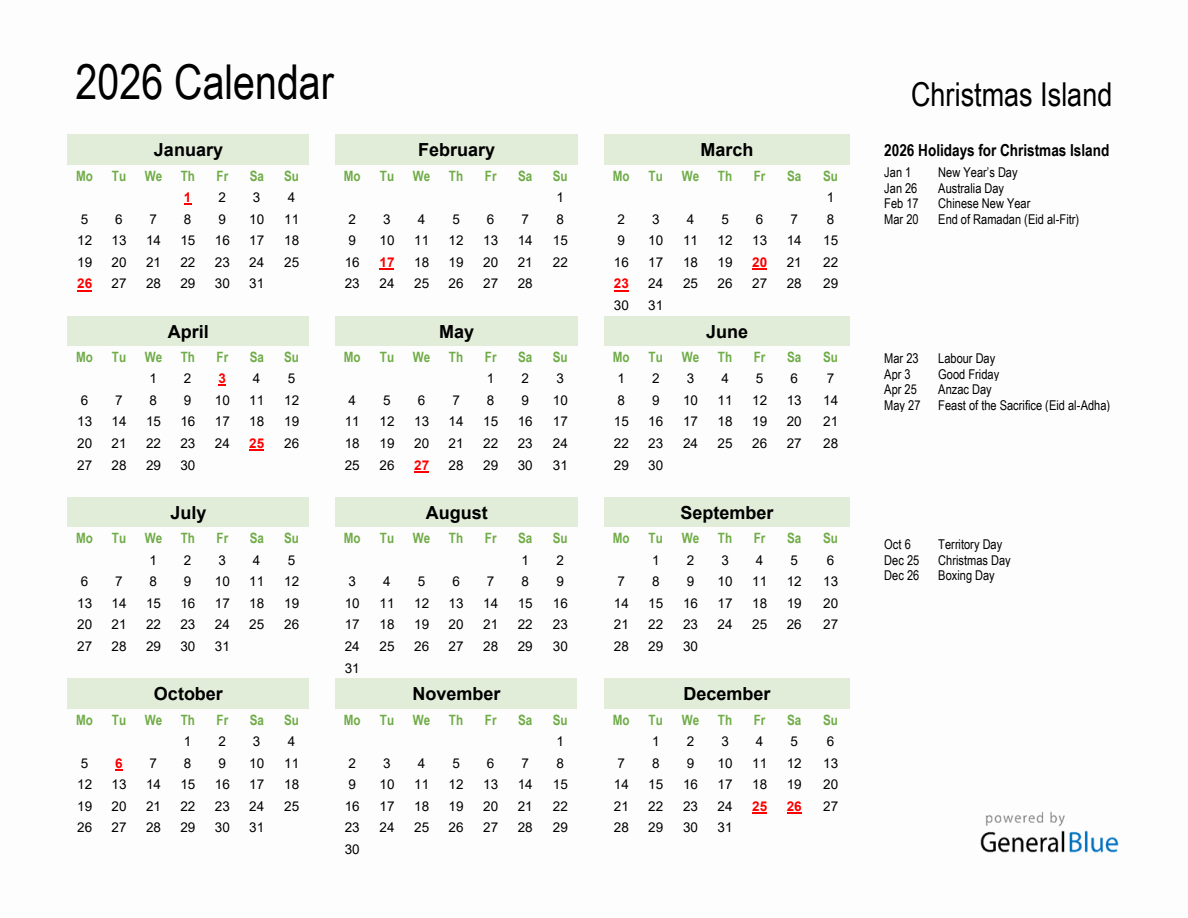 Holiday Calendar 2026 for Christmas Island - Monday Start