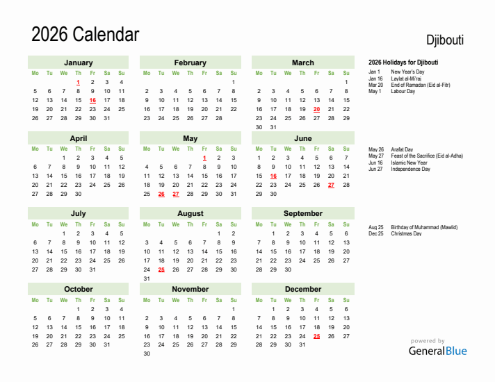 Holiday Calendar 2026 for Djibouti (Monday Start)