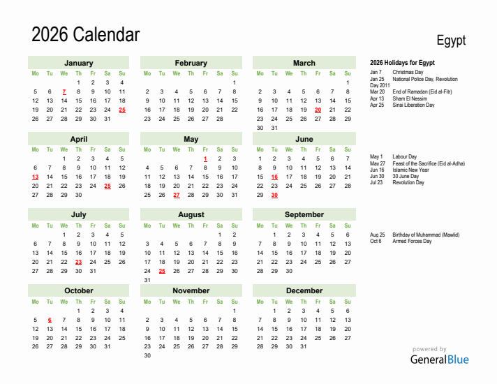 Holiday Calendar 2026 for Egypt (Monday Start)