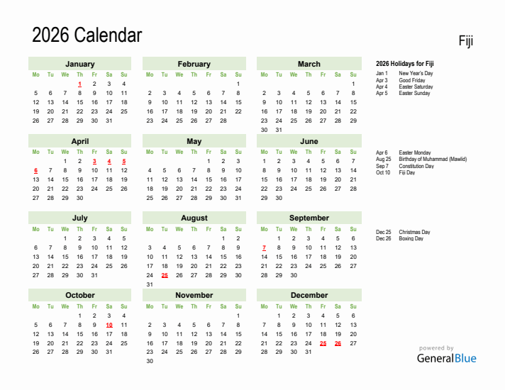 Holiday Calendar 2026 for Fiji (Monday Start)