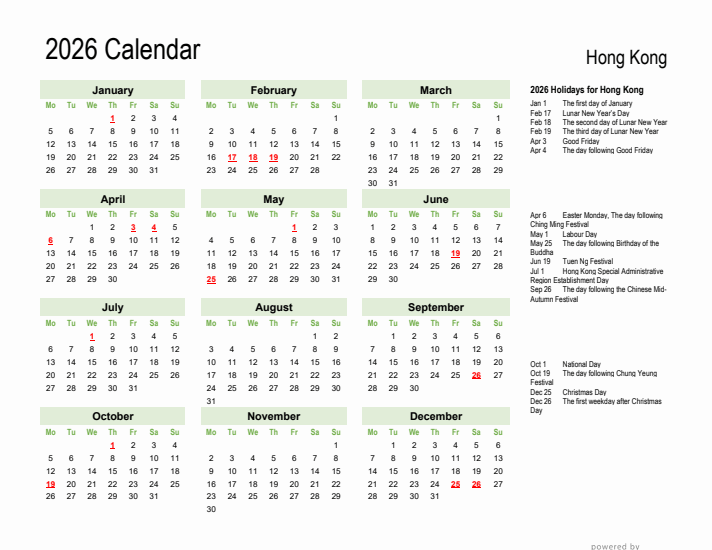Holiday Calendar 2026 for Hong Kong (Monday Start)