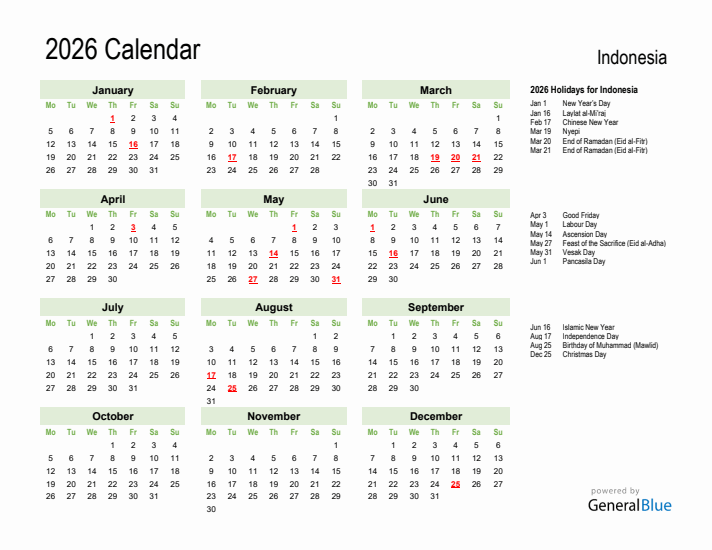 Holiday Calendar 2026 for Indonesia (Monday Start)