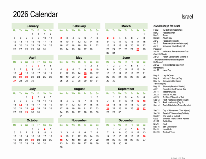 Holiday Calendar 2026 for Israel (Monday Start)