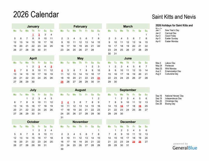Holiday Calendar 2026 for Saint Kitts and Nevis (Monday Start)