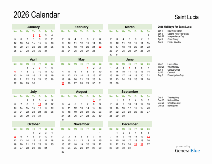 Holiday Calendar 2026 for Saint Lucia (Monday Start)