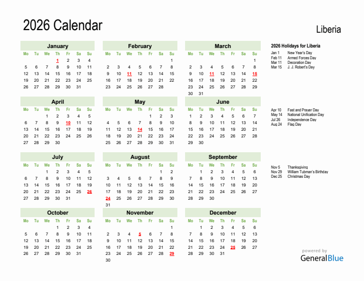 Holiday Calendar 2026 for Liberia (Monday Start)