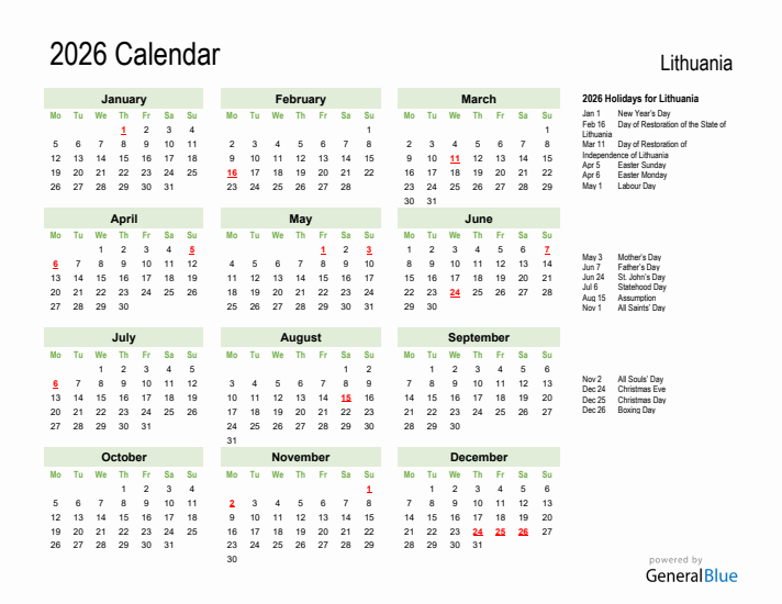 Holiday Calendar 2026 for Lithuania (Monday Start)