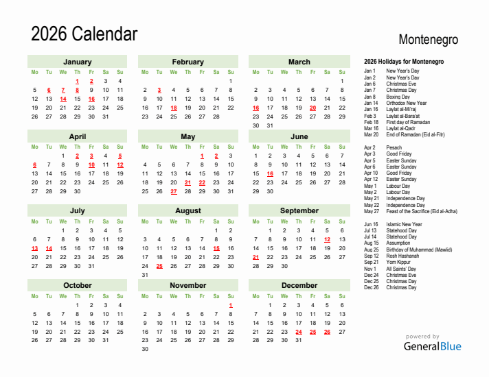 Holiday Calendar 2026 for Montenegro (Monday Start)