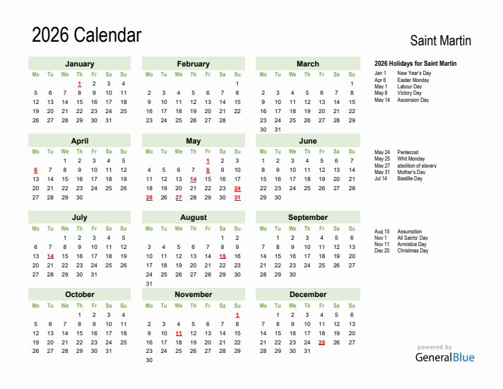 Holiday Calendar 2026 for Saint Martin (Monday Start)