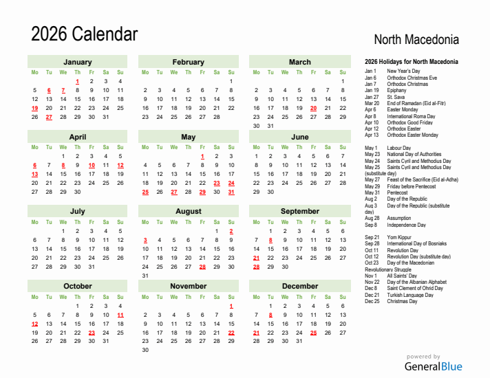 Holiday Calendar 2026 for North Macedonia (Monday Start)