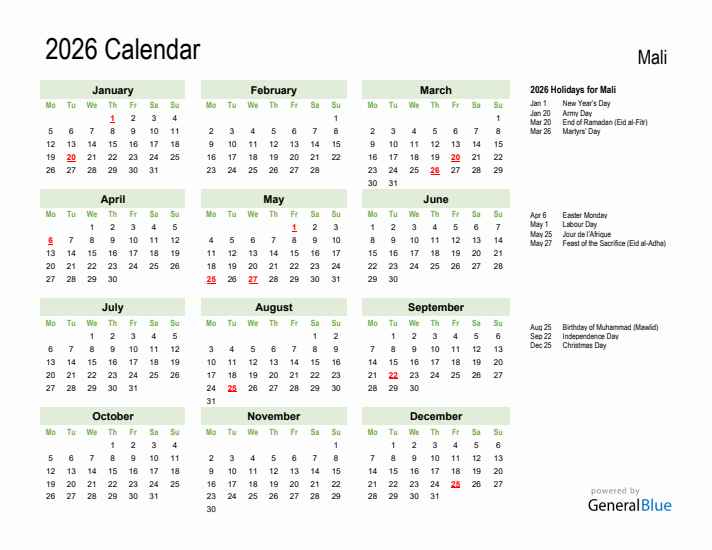 Holiday Calendar 2026 for Mali (Monday Start)