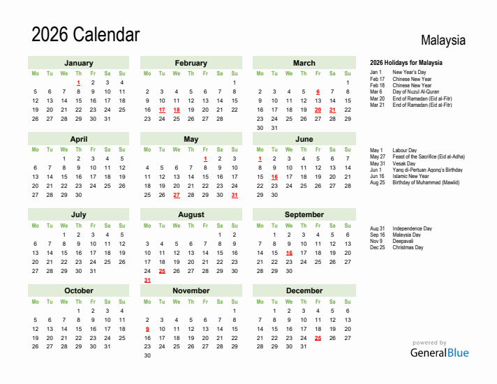 Holiday Calendar 2026 for Malaysia (Monday Start)