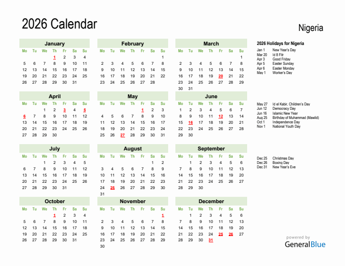 Holiday Calendar 2026 for Nigeria (Monday Start)