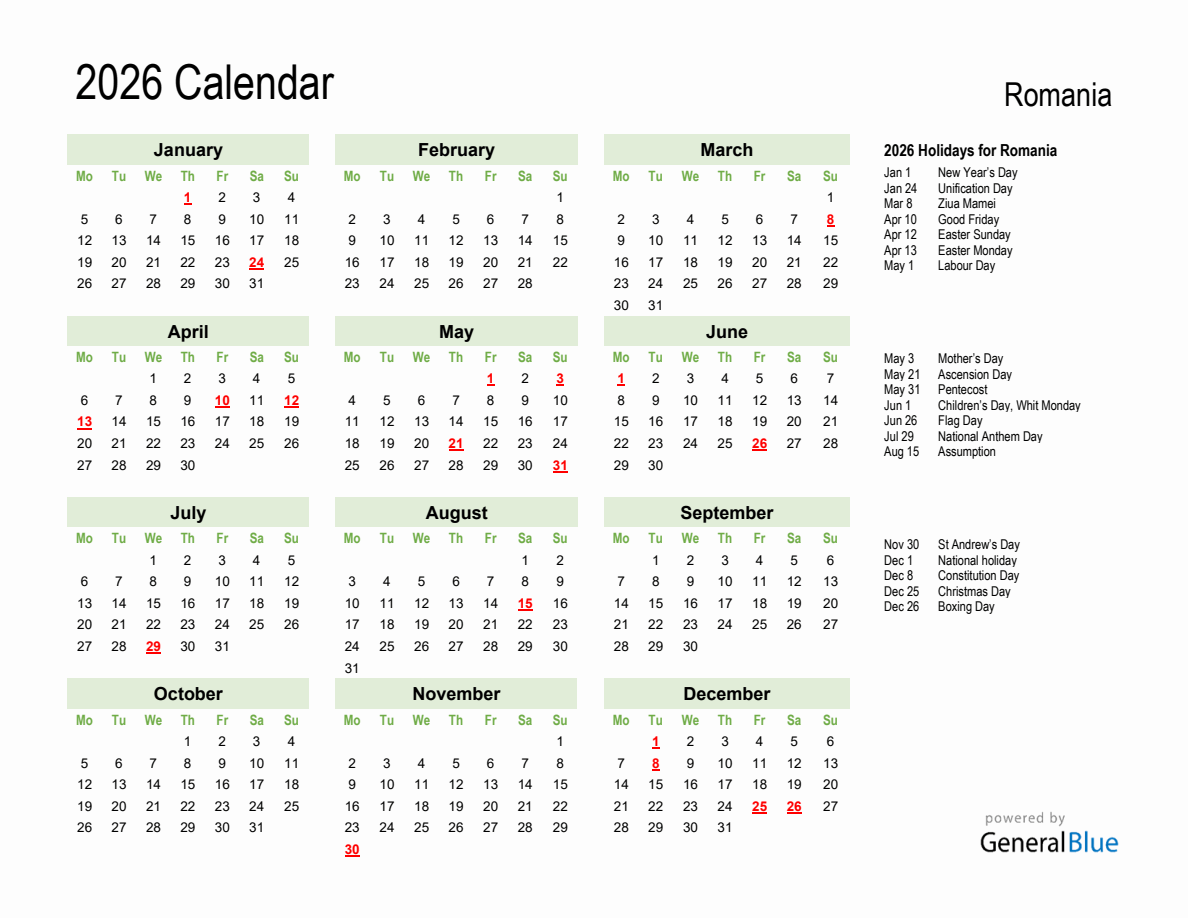 Holiday Calendar 2026 for Romania (Monday Start)
