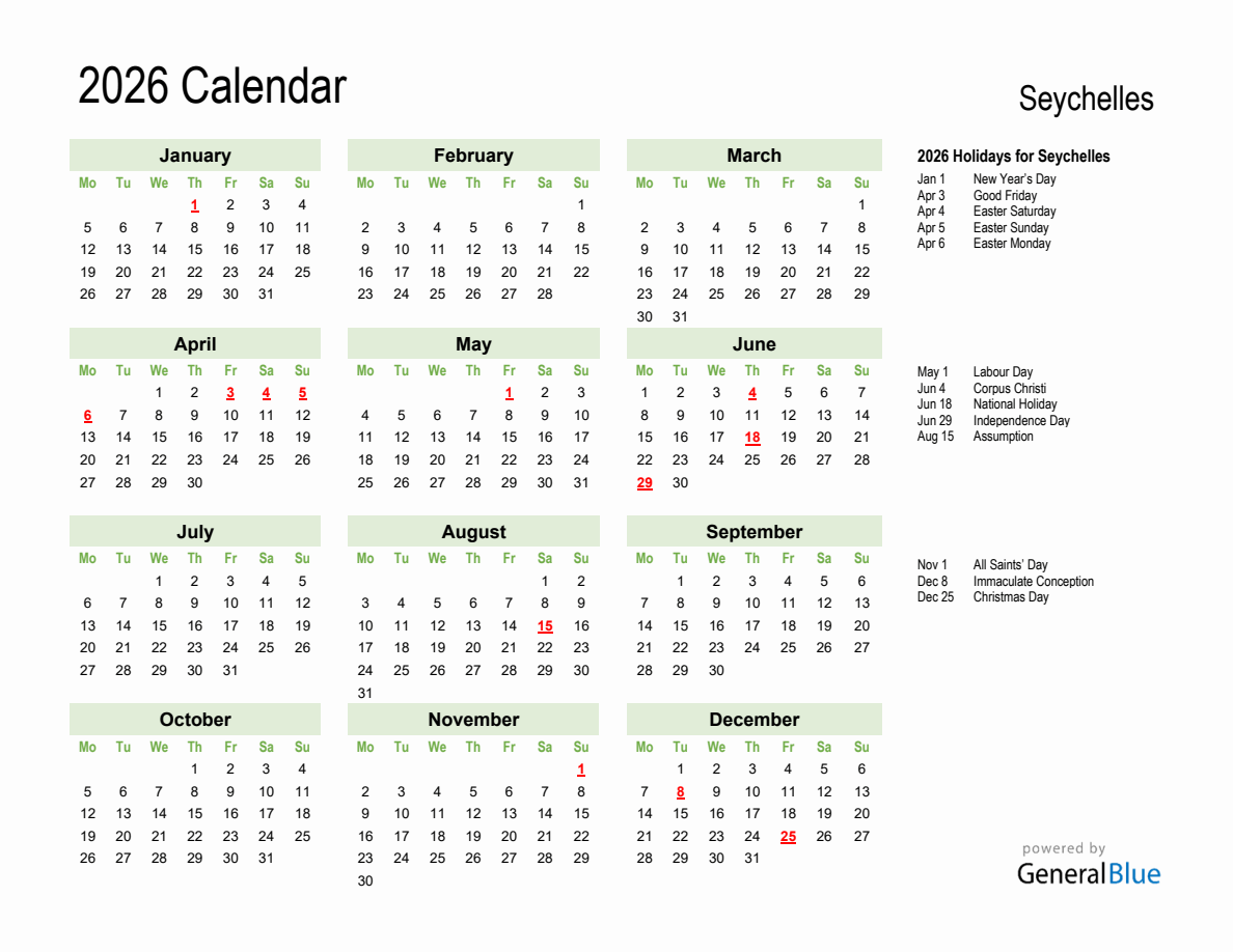 Holiday Calendar 2026 for Seychelles - Monday Start