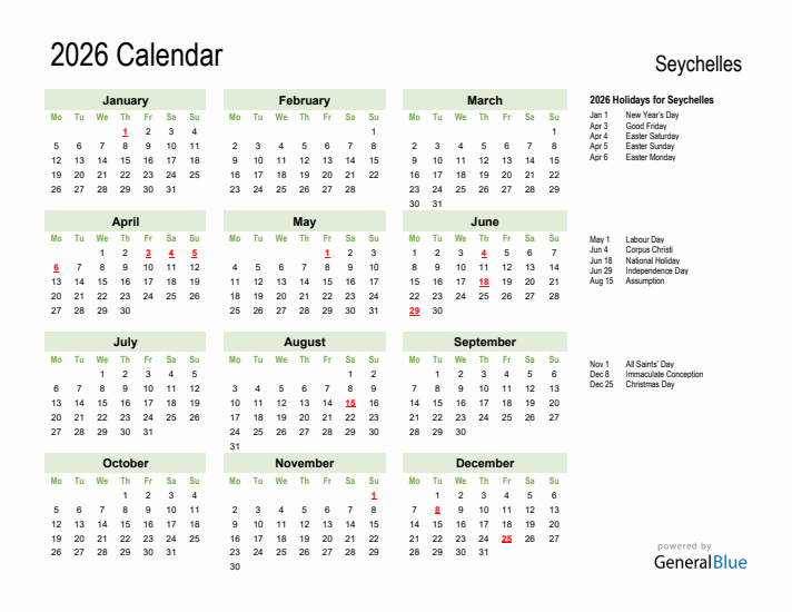 Holiday Calendar 2026 for Seychelles (Monday Start)