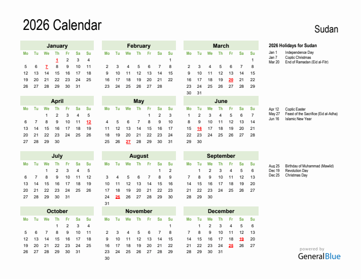 Holiday Calendar 2026 for Sudan (Monday Start)