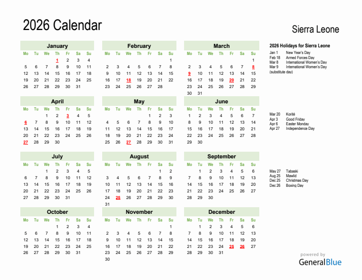 Holiday Calendar 2026 for Sierra Leone (Monday Start)