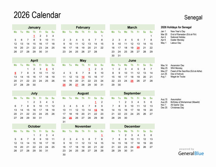 Holiday Calendar 2026 for Senegal (Monday Start)