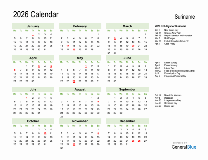 Holiday Calendar 2026 for Suriname (Monday Start)
