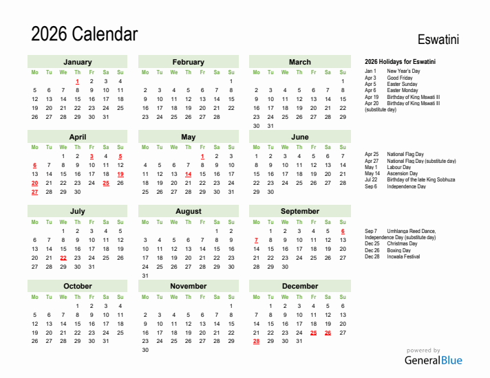 Holiday Calendar 2026 for Eswatini (Monday Start)