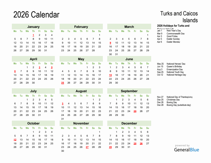 Holiday Calendar 2026 for Turks and Caicos Islands (Monday Start)