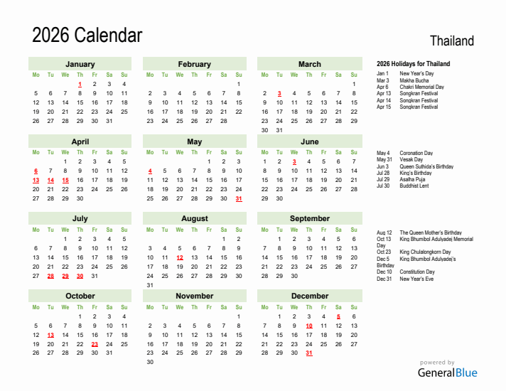Holiday Calendar 2026 for Thailand (Monday Start)
