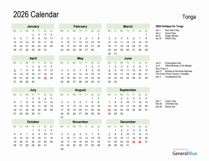Holiday Calendar 2026 for Tonga (Monday Start)