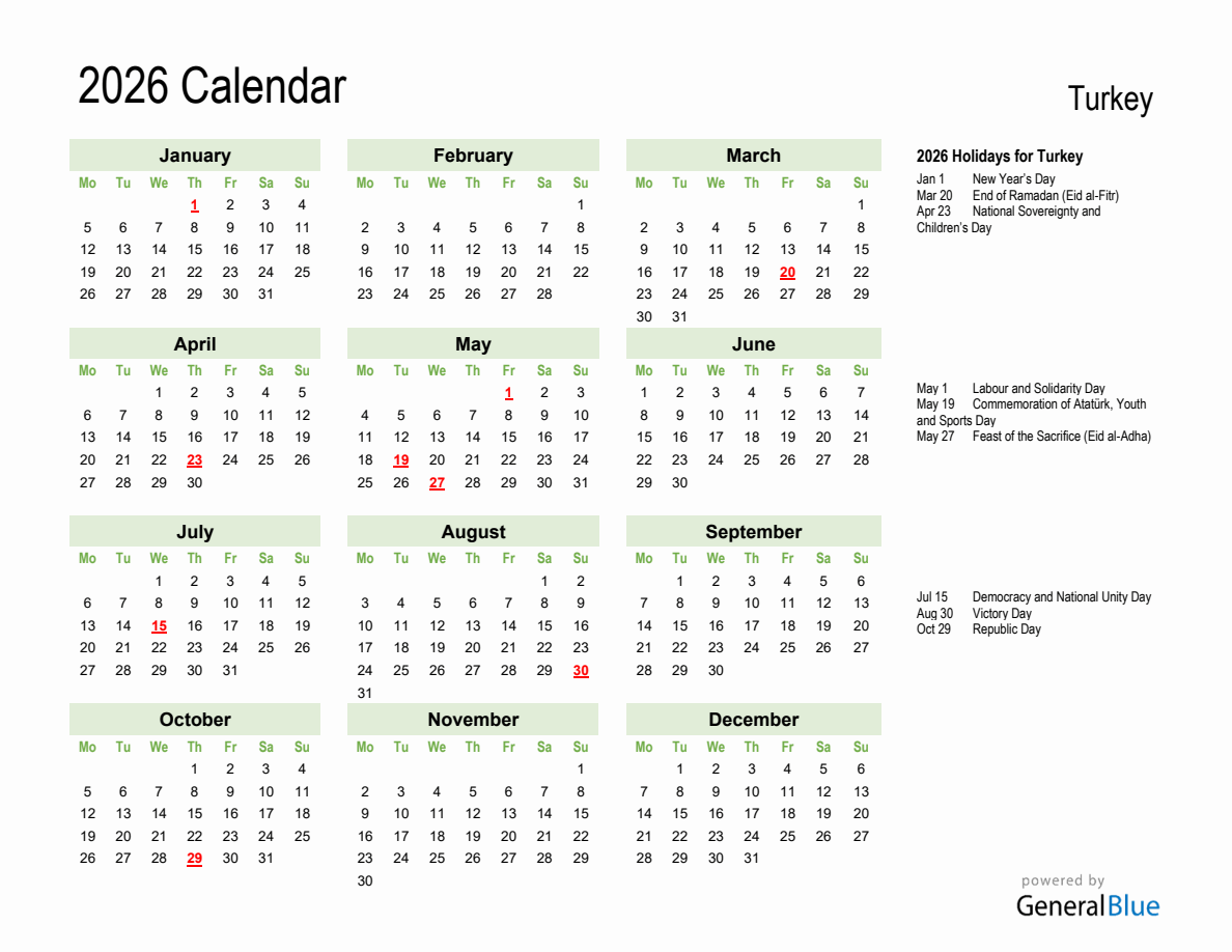 Holiday Calendar 2026 for Turkey - Monday Start