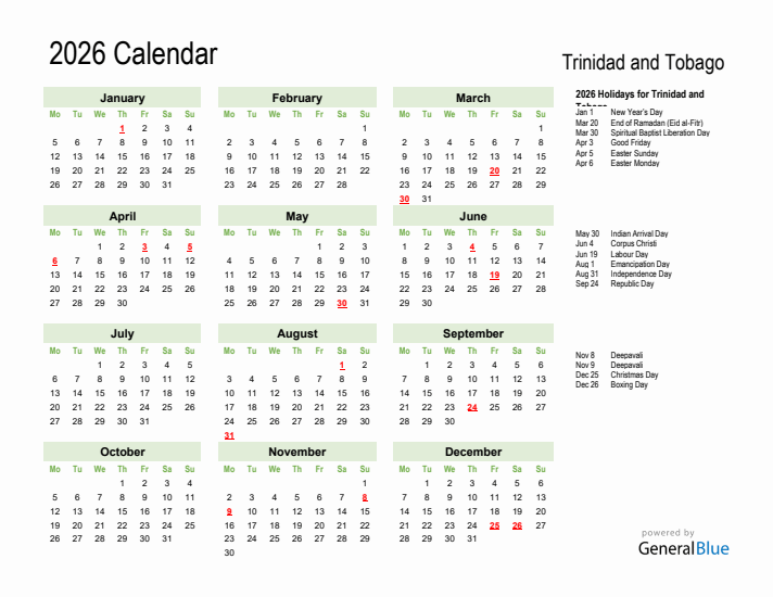 Holiday Calendar 2026 for Trinidad and Tobago (Monday Start)