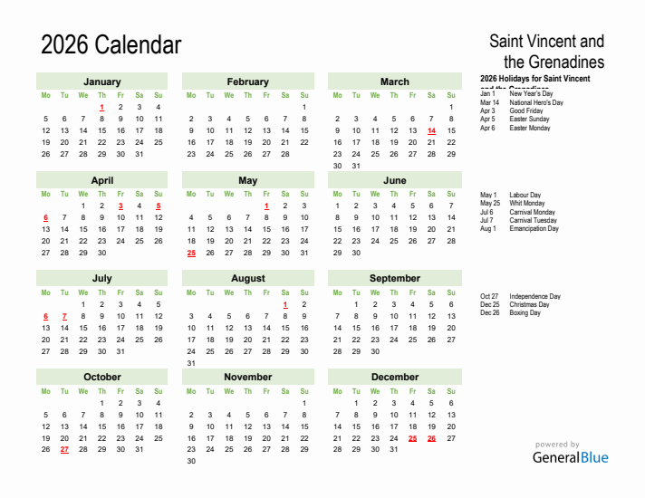 Holiday Calendar 2026 for Saint Vincent and the Grenadines (Monday Start)