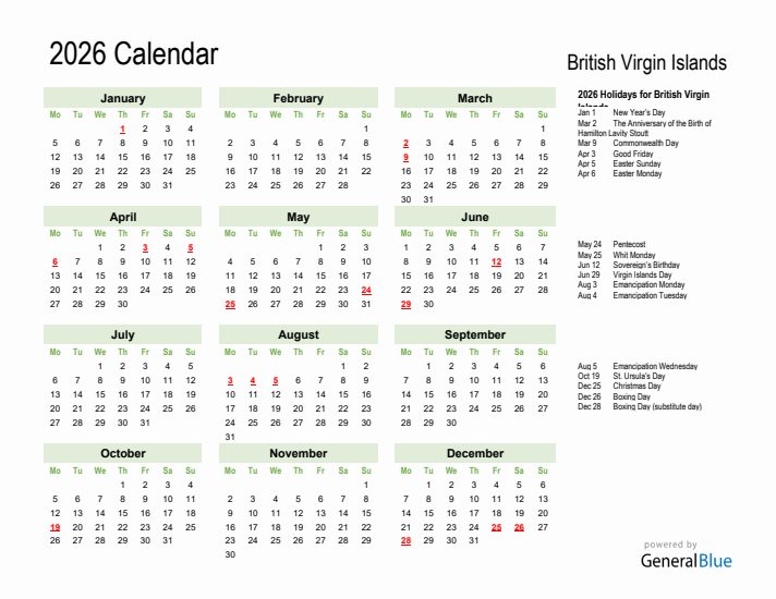 Holiday Calendar 2026 for British Virgin Islands (Monday Start)
