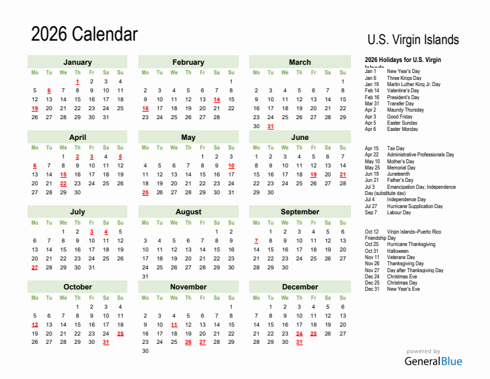Holiday Calendar 2026 for U.S. Virgin Islands (Monday Start)
