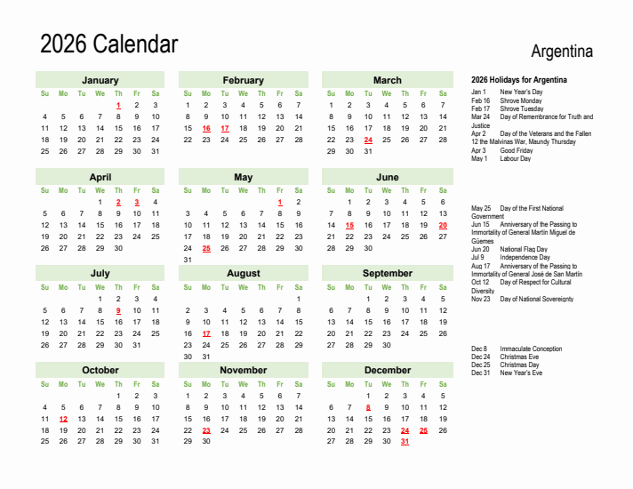 Holiday Calendar 2026 for Argentina (Sunday Start)