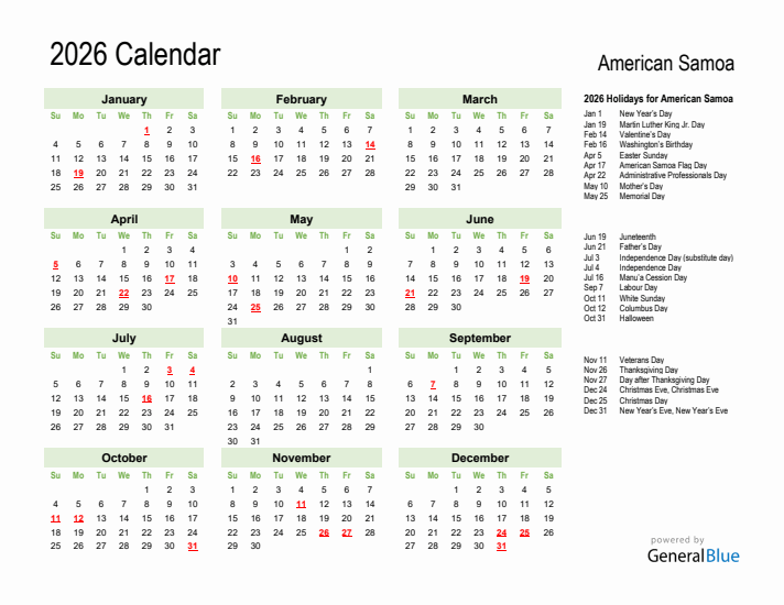 Holiday Calendar 2026 for American Samoa (Sunday Start)