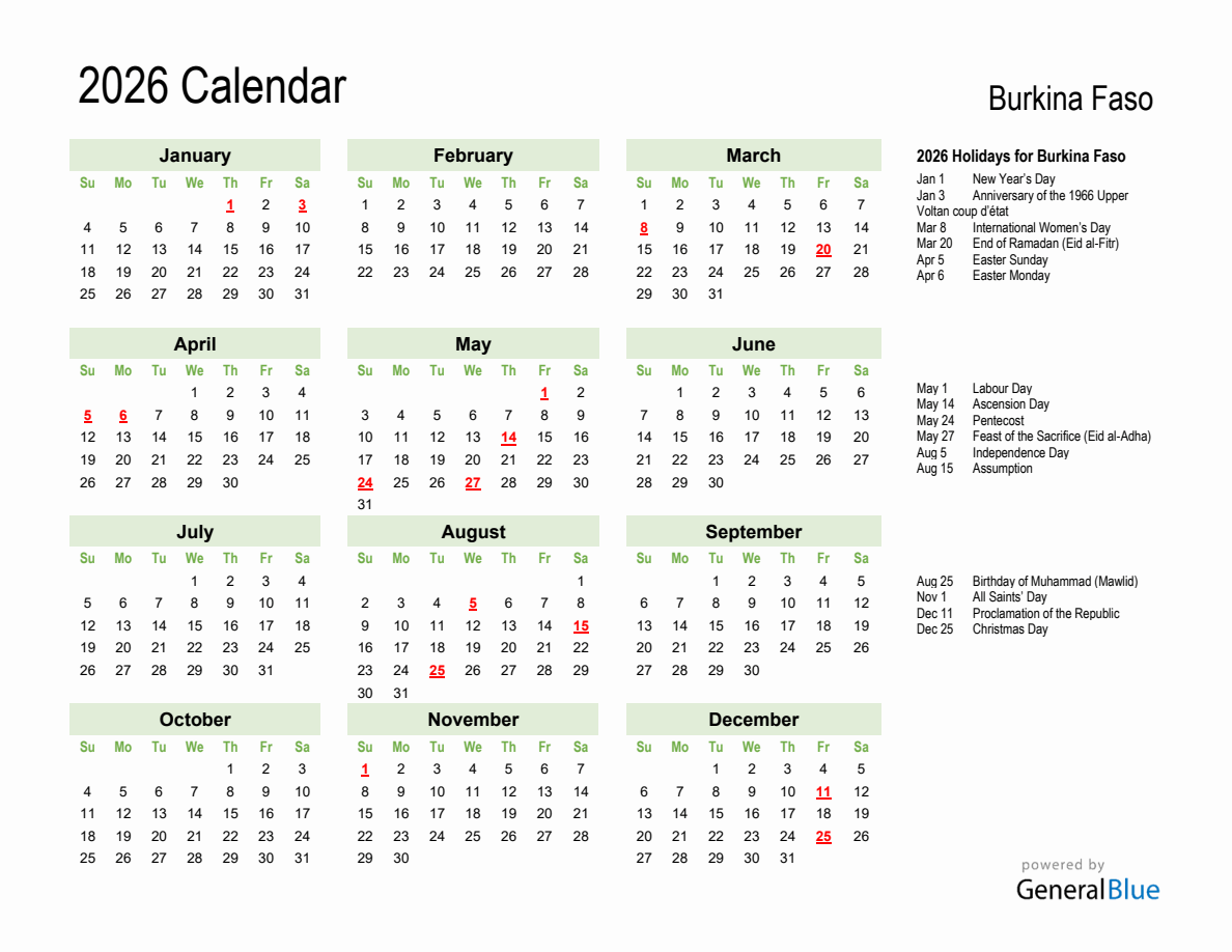 Holiday Calendar 2026 for Burkina Faso