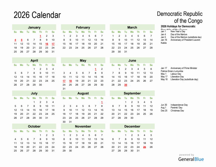 Holiday Calendar 2026 for Democratic Republic of the Congo (Sunday Start)