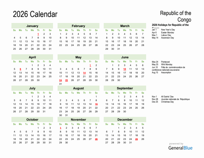 Holiday Calendar 2026 for Republic of the Congo (Sunday Start)