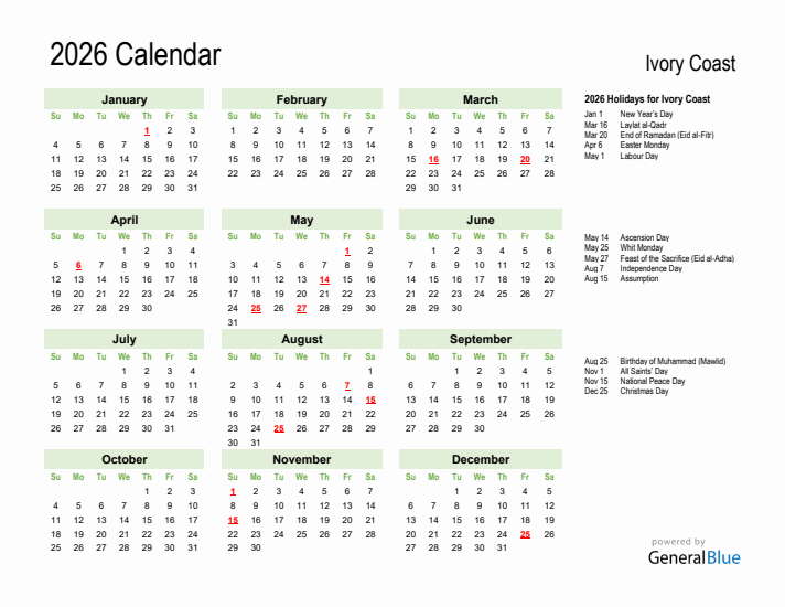 Holiday Calendar 2026 for Ivory Coast (Sunday Start)