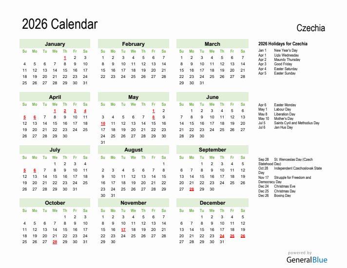 Holiday Calendar 2026 for Czechia (Sunday Start)