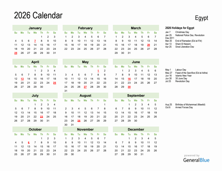 Holiday Calendar 2026 for Egypt (Sunday Start)