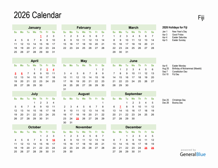 Holiday Calendar 2026 for Fiji (Sunday Start)