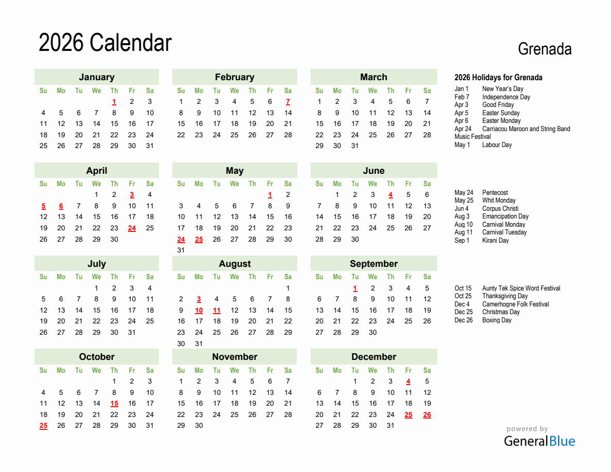 Holiday Calendar 2026 for Grenada