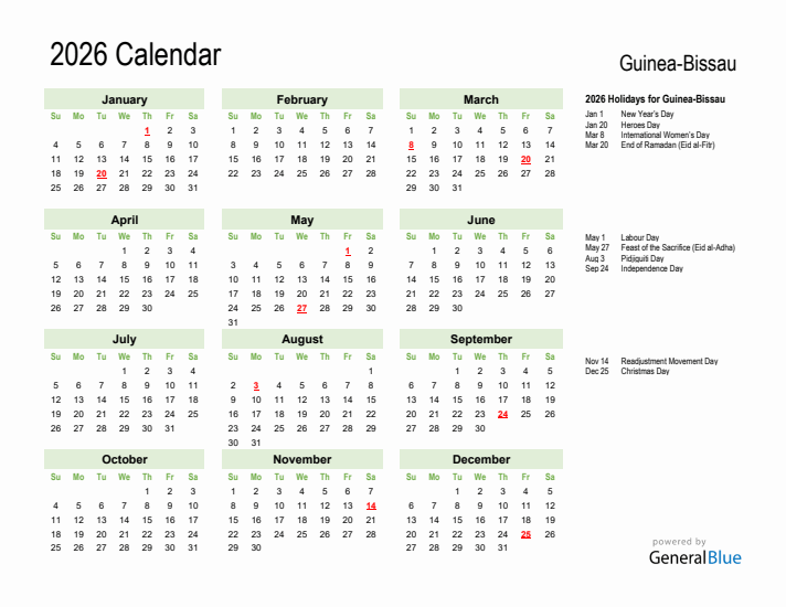 Holiday Calendar 2026 for Guinea-Bissau (Sunday Start)